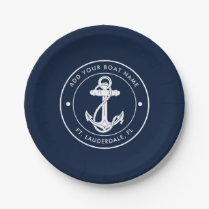Custom Anchor Boat Name Navy Blue Nautic Pappteller