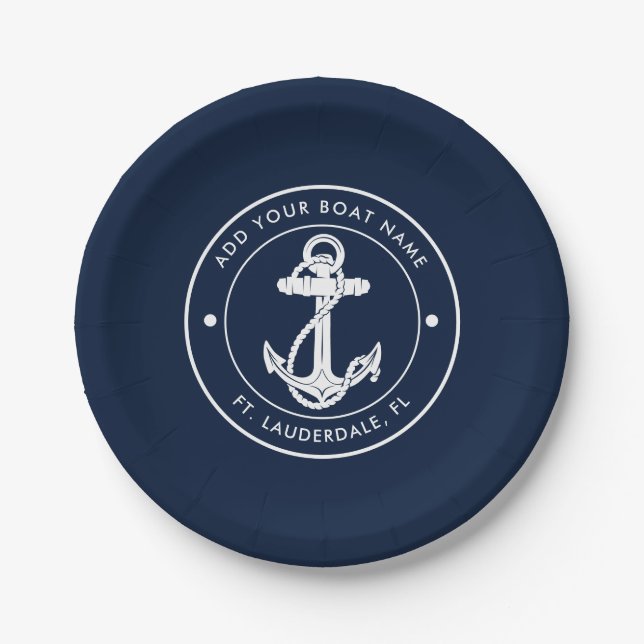 Custom Anchor Boat Name Navy Blue Nautic Pappteller (Vorderseite)