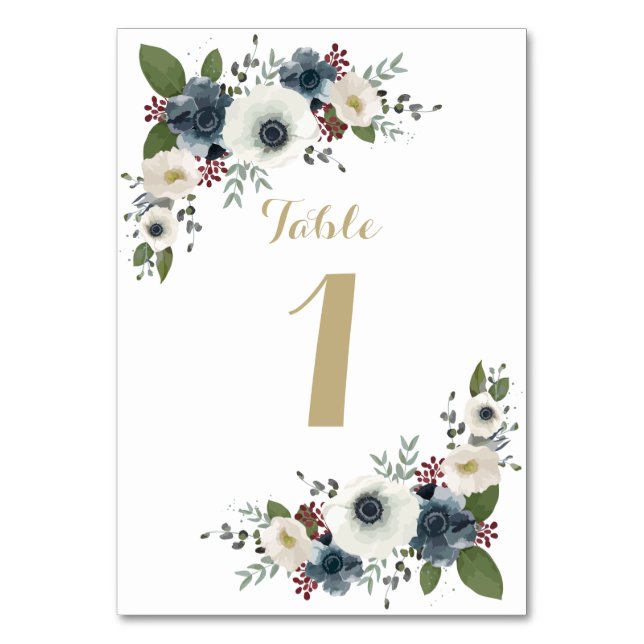 Custom Anemone Bouquet Tischnummer Card (Vorderseite)