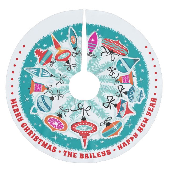 Custom Aqua Border Retro Ornamente Polyester Weihnachtsbaumdecke (Vorderseite)