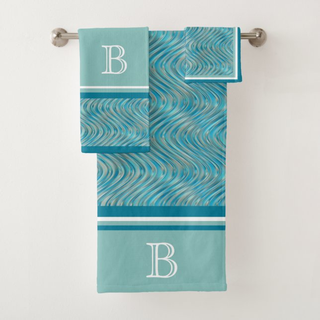 Custom Aqua Turquoise Blue Taupe Lines Art Collect Badhandtuch Set (Insitu)