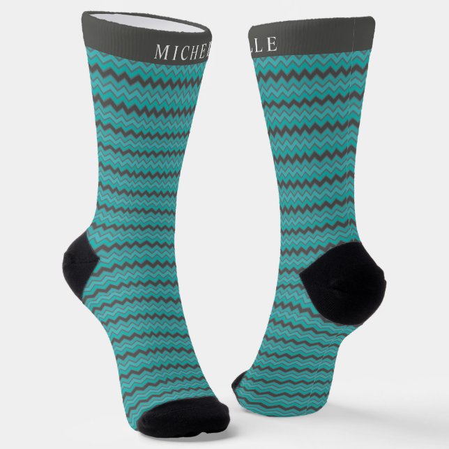 Custom Aquamarin Blue Green Grau Zickzack Muster Socken (Gewinkelt)