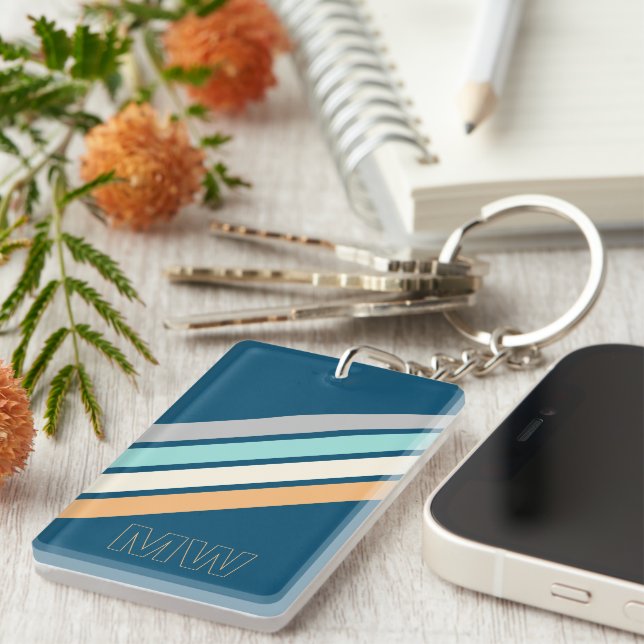 Custom Aquamarin Blue Türkis Grau Gelbe Streifen A Schlüsselanhänger (Vorderseite rechts)