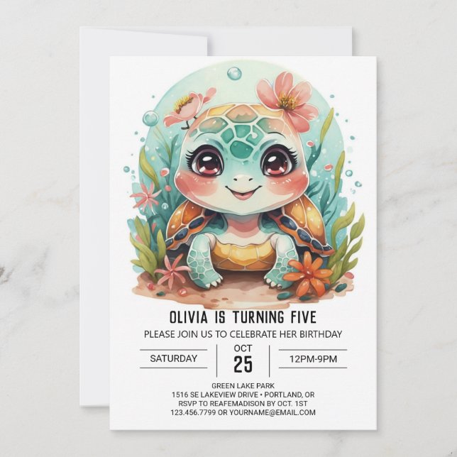 Custom Aquatic Turtle Girl Birthday Einladung (Vorderseite)