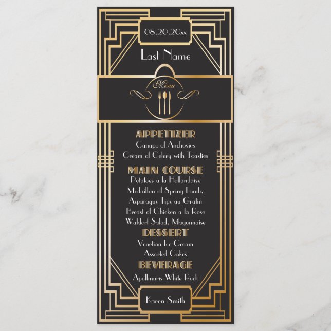 Custom - Art Deco Black and Gold Gatsby Wedding Menükarte (Vorderseite)