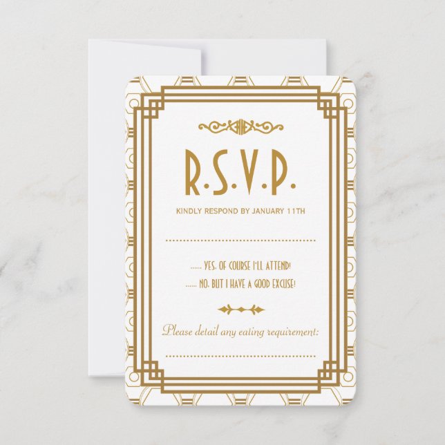 Custom Art Deco White Wedding RSVP Cards (Vorderseite)