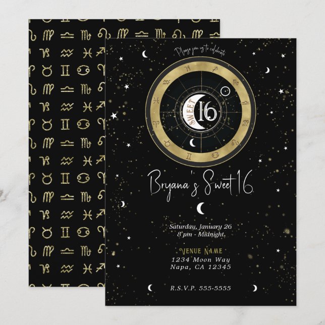 Custom Astrology Sun & Moon Sign Sweet 16 Einladung (Vorne/Hinten)