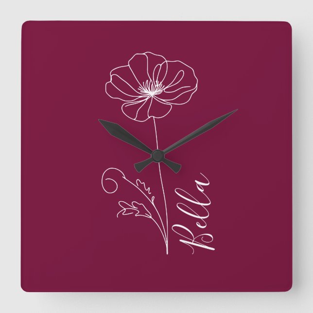 Custom August Poppy Birth Blume Geschenk zum Gebur Quadratische Wanduhr (Vorderseite)