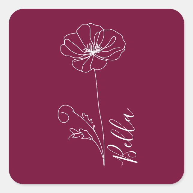 Custom August Poppy Birth Blume Geschenk zum Gebur Quadratischer Aufkleber (Vorderseite)