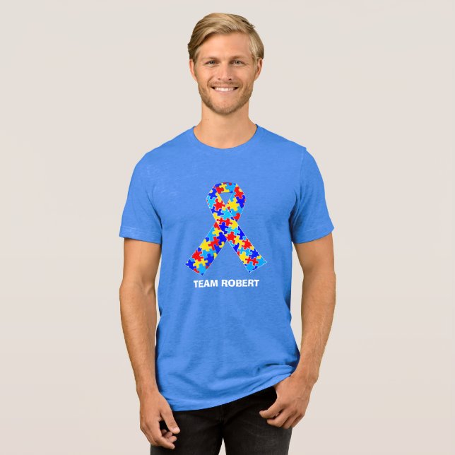 Custom Autismus Awareness Ribbon Blue Tri-Blend Shirt (Vorderseite voll)