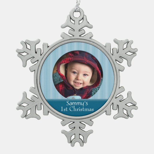 Custom Baby 1. Weihnachtsfest Foto Snowflake Ornam Schneeflocken Zinn-Ornament (Vorderseite)
