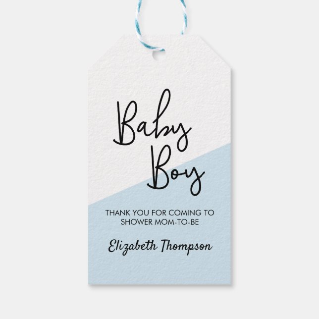 Custom Baby Boy Blue Modern Diagonal Baby Dusche Geschenkanhänger (Rückseite)