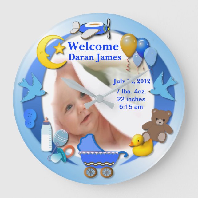 Custom Baby Boy Foto Große Wanduhr (Vorderseite)