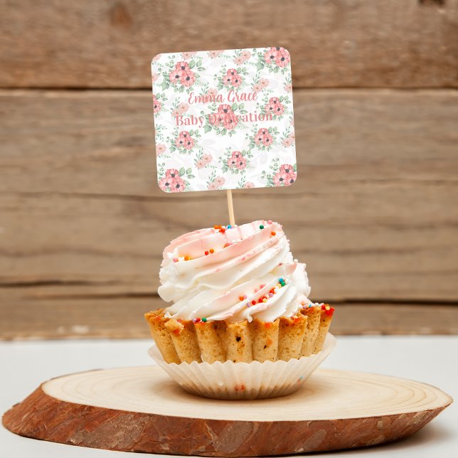 Custom Baby Dedication Sage Green & Pink Floral  Quadratischer Aufkleber (Von Creator hochgeladen)