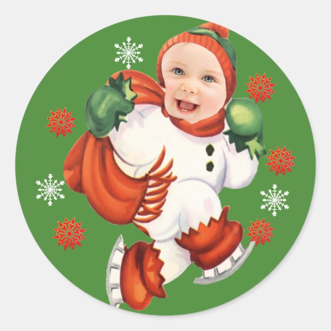 Custom Baby Face Foto Chubby Santa Snowflakes Runder Aufkleber (Vorderseite)