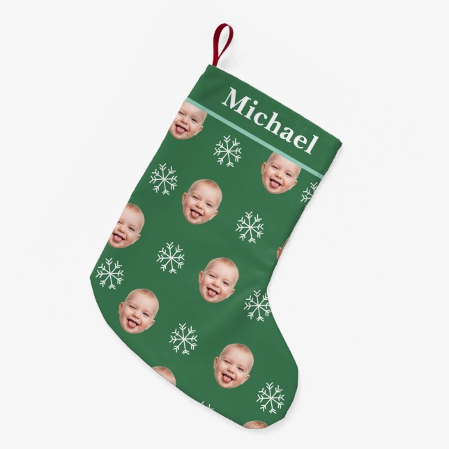 Custom Baby Face & Name Green Snowflake Kleiner Weihnachtsstrumpf (Vorderansicht (hängend))