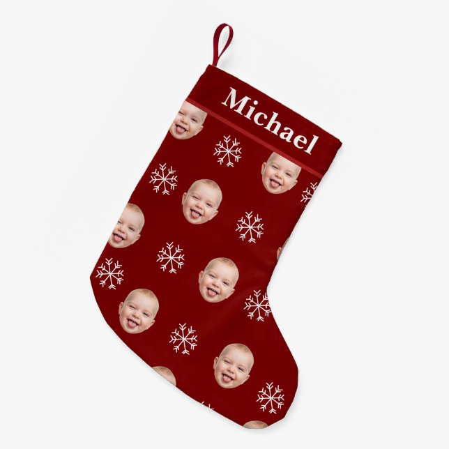 Custom Baby Face & Name Red Snowflake Kleiner Weihnachtsstrumpf (Vorderansicht (hängend))