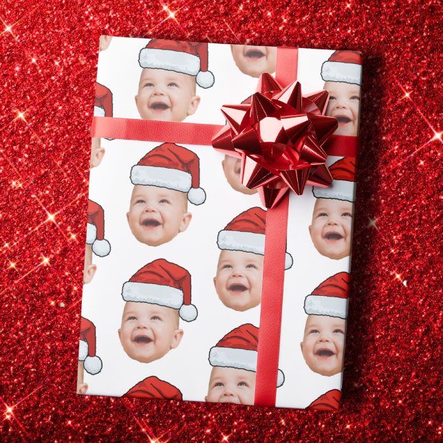 Custom Baby Face Photo Santa Hat Christmas White Geschenkpapier (Von Creator hochgeladen)