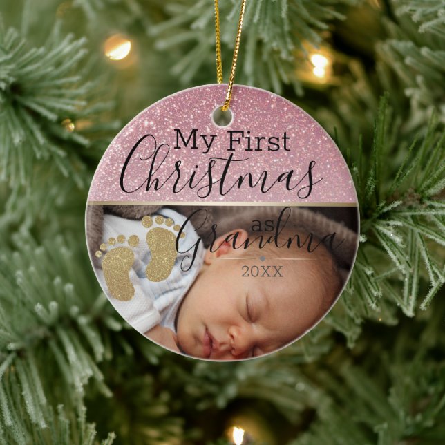 Custom Baby Foto First Christmas als Oma Keramik Ornament (Baum)