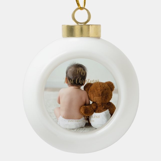 Custom Baby Foto Mein erstes Weihnachts-Gold-Scrip Keramik Kugel-Ornament (Vorderseite)