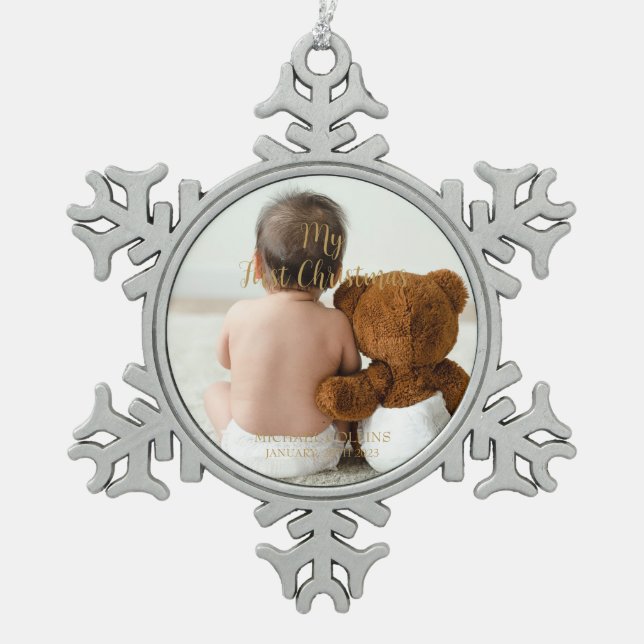 Custom Baby Foto Mein erstes Weihnachts-Gold-Scrip Schneeflocken Zinn-Ornament (Vorderseite)