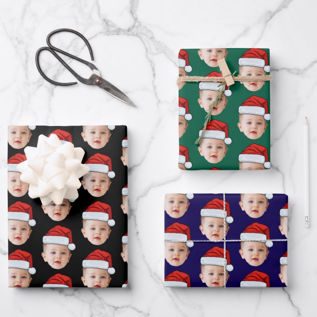 Custom Baby Head Gesicht Foto Weihnachtsmannmütze  Geschenkpapier Set (Vorderseite)