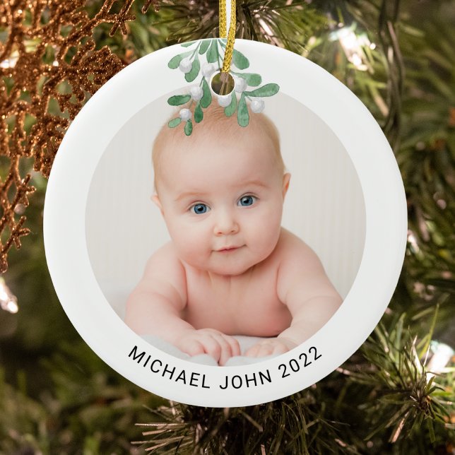 Custom Baby Name Foto Christmas Watercolor Keramik Ornament (Von Creator hochgeladen)
