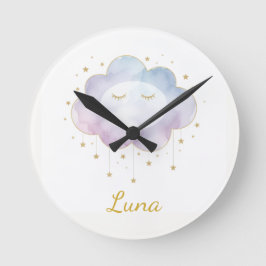 Custom Baby Name Lavender Watercolor Cloud Gold Ey Runde Wanduhr