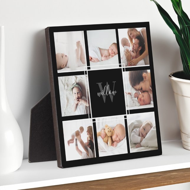 Custom Baby Name & Monogram Foto Collage Black Fotoplatte (Custom Baby Name & Monogram Photo Collage Black Plaque)