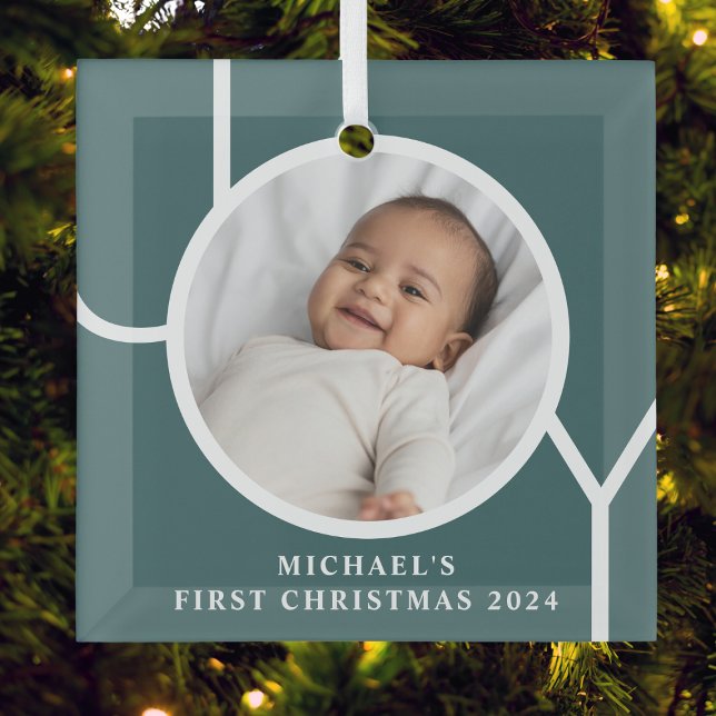 Custom Baby's First Christmas Foto Green Ornament Aus Glas (Von Creator hochgeladen)