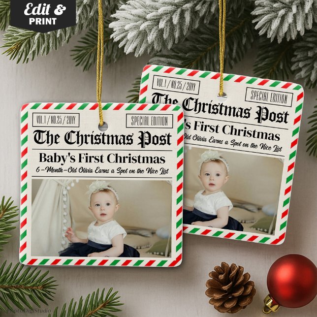 Custom Baby's First Christmas Newspaper Keramikornament (Custom Baby's First Christmas Newspaper Ceramic Ornament)