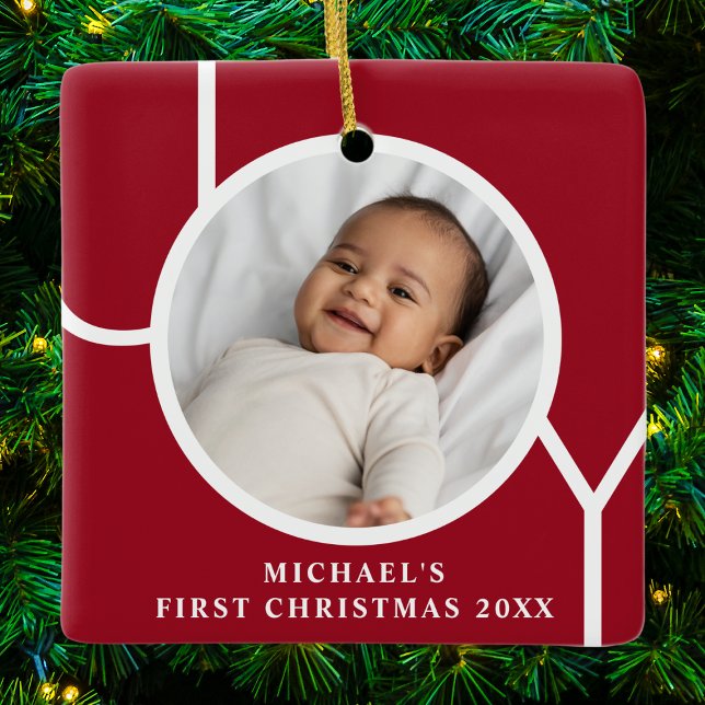 Custom Baby's First Christmas Photo Red Keramikornament (Von Creator hochgeladen)