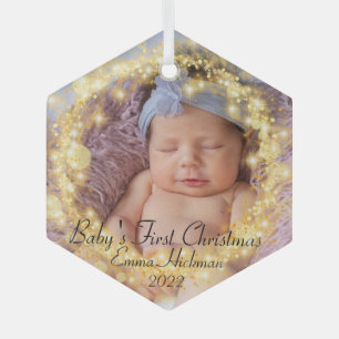 Custom Baby's Foto First Christmas Gold Circle Ornament Aus Glas