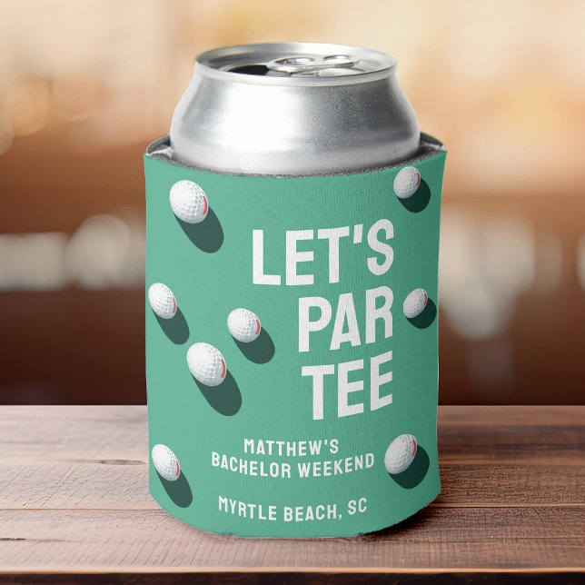 Custom Bachelor Party Golfing Trip Let's Par T-Shi Dosenkühler (Golf-themed can cooler featuring a green design with golf balls and tees, perfect for keeping drinks)