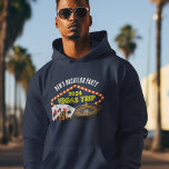 Custom Bachelor Party Las Vegas Trip Hoodie<br><div class="desc">Passen Sie Ihre eigenen Bachelor-Partyhoodies für einen Las Vegas-Urlaub an. Ein cooles,  personalisiert gehacktes Sweatshirt mit Spielkasino-Heftklammern wie Kartenstapeln,  Poker-Chips und Roulette-Rad mit Vegas Trip in gelber Schrift. Spielerisches T-Shirts für Ihre ganze Gruppe.</div>