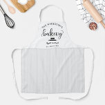 Custom, Bäckerei Weiß und Grau Streifen Bauernhof Schürze<br><div class="desc">Machen Sie diese schöne Schürze zu sich,  indem Sie Ihren eigenen Text oben und unten hinzufügen. Design mit prachtvollem "Bakery"-Skript in handgeschriebener Kalligraphie,  dekorative Eier schneebeulen und rollen Button und weiß-grau Streifen Muster auf der Mitte und unten. Tolle Geschenkidee!</div>