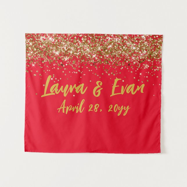 Custom Background Wedding Foto Booth Red and Gold Wandteppich (Vorderseite (Horizontal))