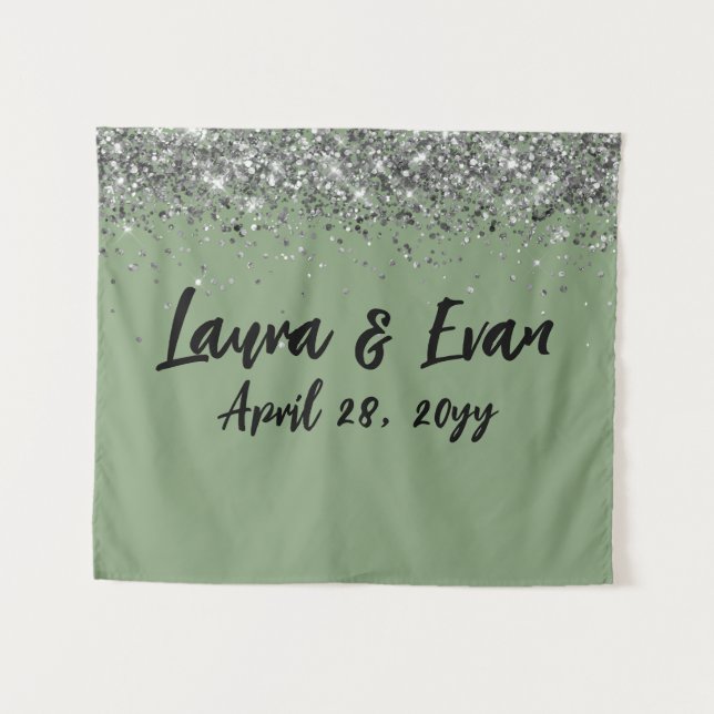 Custom Background Wedding Foto Booth Sage & Silver Wandteppich (Vorderseite (Horizontal))