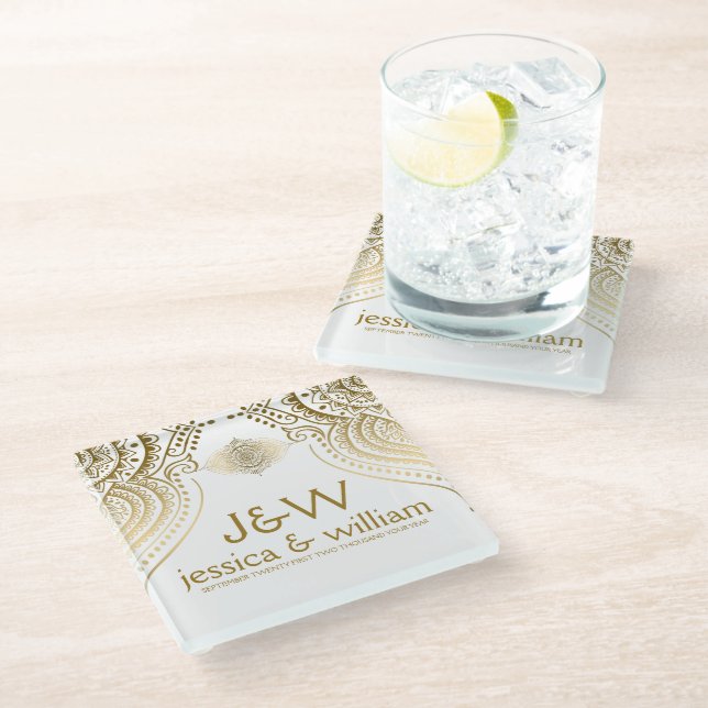 Custom Background Wedding Gold Lace Glasuntersetzer (Schrägansicht)