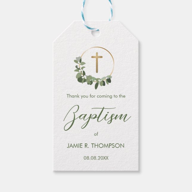 Custom Baptisse Modern Green Wreath gold cross Geschenkanhänger (Vorderseite)
