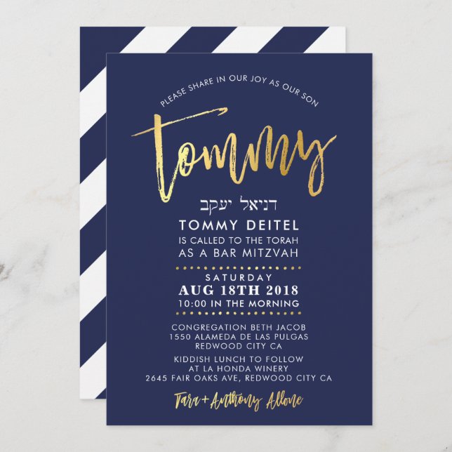 CUSTOM Bar Mitzvah Einladung für Tommy Marine + Go (Vorne/Hinten)
