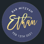 CUSTOM Bar Mitzvah für Ethan Marine   Gold Runder Aufkleber<br><div class="desc">von kat massard >>> WWW.SIMPLYSWEETPAPERIE.COM << < *** HINWEIS - DIE SCHINTENGOLDFOLIENWIRKUNG IST EIN DRUCKENDES BILD ** - - - - - - - - - - - - - - - - - - - - - - - - - - - - - - - - - -...</div>