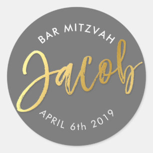 CUSTOM Bar Mitzvah für Jacob grau + Imitat Gold Runder Aufkleber