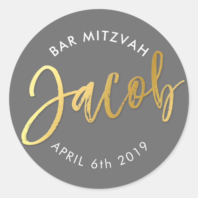 CUSTOM Bar Mitzvah für Jacob grau + Imitat Gold Runder Aufkleber (Vorderseite)