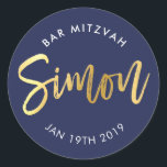 CUSTOM Bar Mitzvah für Simon Marine   Gold Runder Aufkleber<br><div class="desc">von kat massard >>> WWW.SIMPLYSWEETPAPERIE.COM << < *** HINWEIS - DIE SCHINTENGOLDFOLIENWIRKUNG IST EIN DRUCKENDES BILD ** - - - - - - - - - - - - - - - - - - - - - - - - - - - - - - - - - -...</div>