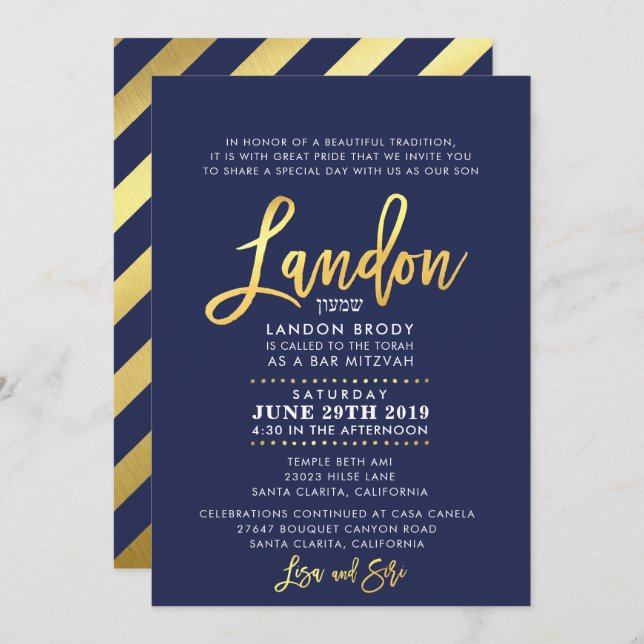 CUSTOM Bar Mitzvah Invite Marine blue + gold LANDO Einladung (Vorne/Hinten)