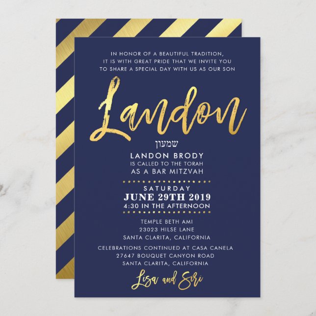 CUSTOM Bar Mitzvah Invite Marine blue + gold LANDO Einladung (Vorne/Hinten)