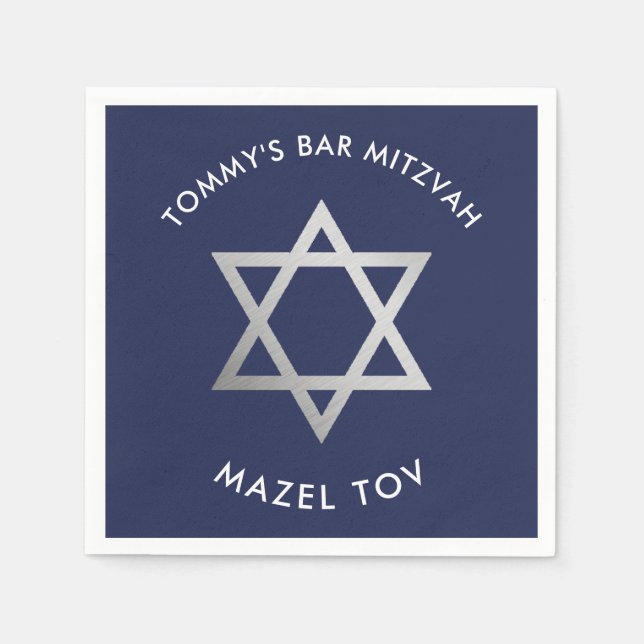 CUSTOM Bar Mitzvah mazel Tov star Marine + Silber Serviette (Vorderseite)