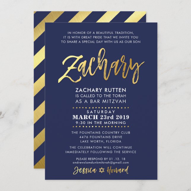 CUSTOM Bar Mitzvah Moderne Marine + Gold ZACHARY Einladung (Vorne/Hinten)