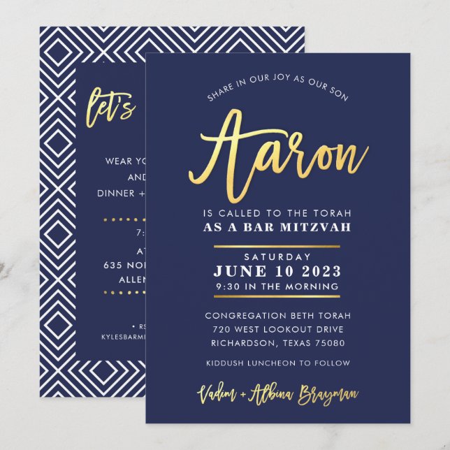 CUSTOM Bar Mitzvah moderne Marine + Goldname AARON Einladung (Vorne/Hinten)